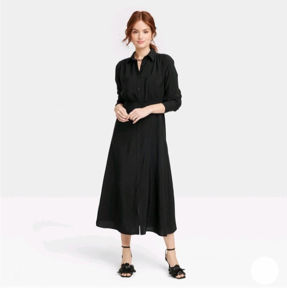 Women's Long Sleeve Collared Midi Crepe Shirtdress - A New Day Black XL